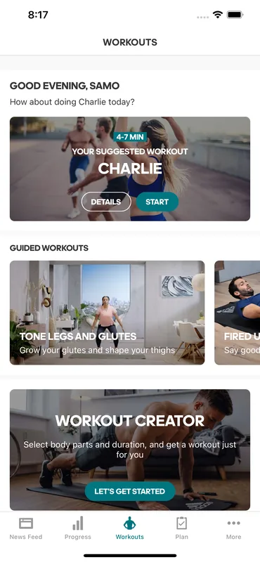 Workouts home with Quick Workout and the Workout Creator