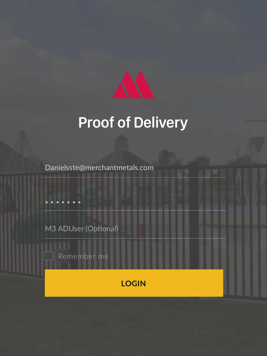 Proof of Delivery login screen