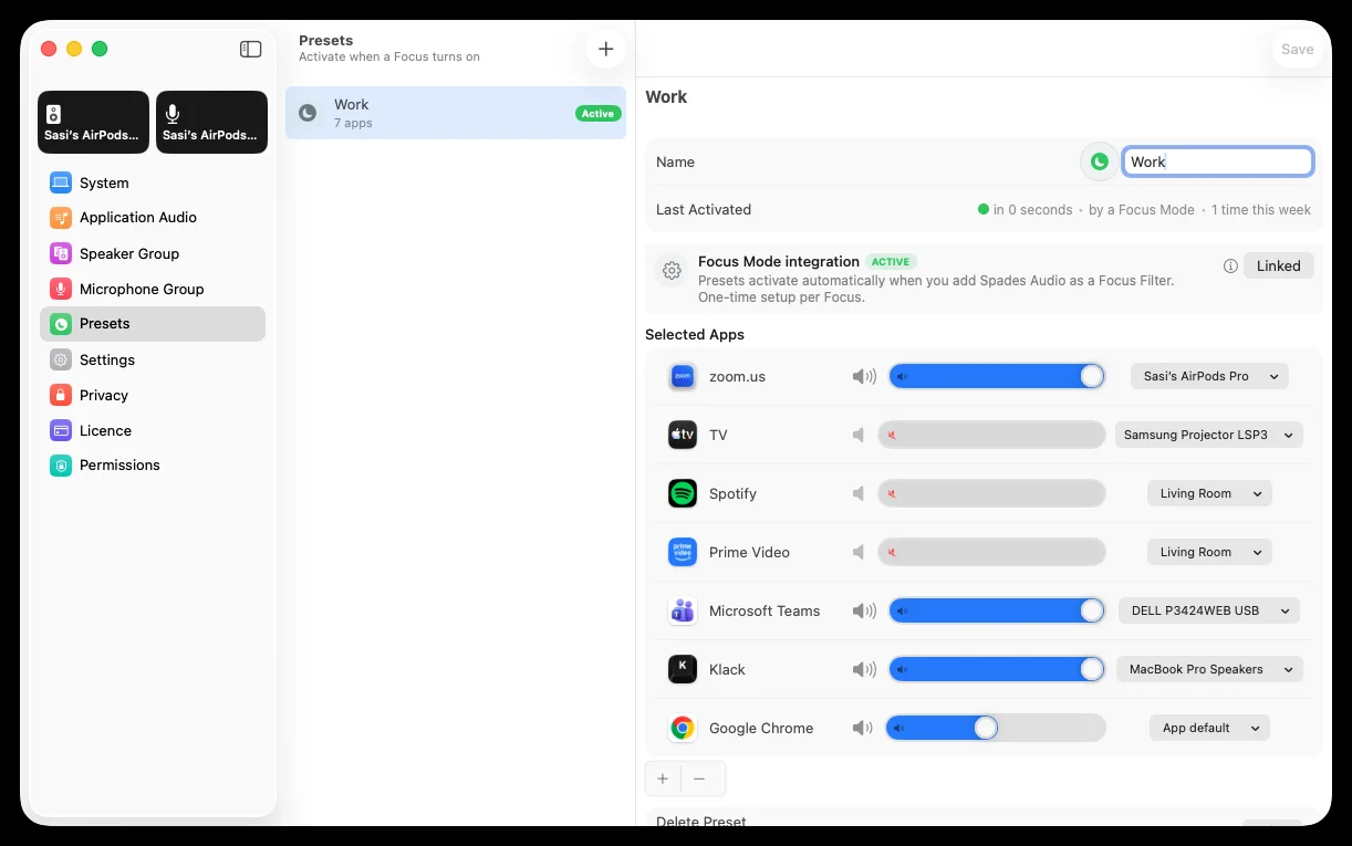 a Work focus fires → zoom to airpods, everything fun muted till five.